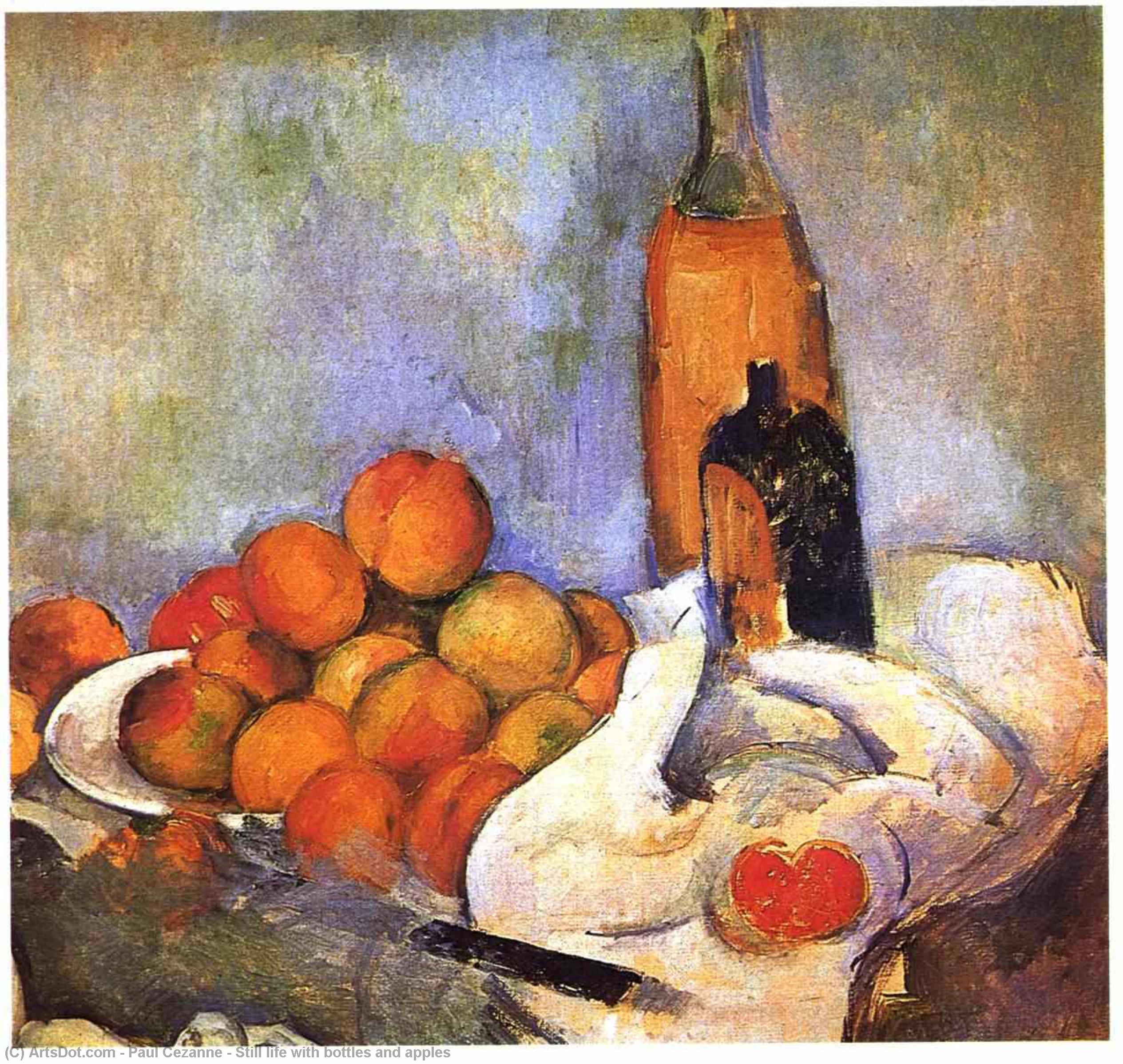 WikiOO.org - 百科事典 - 絵画、アートワーク Paul Cezanne - ボトルのある静物 と  りんご