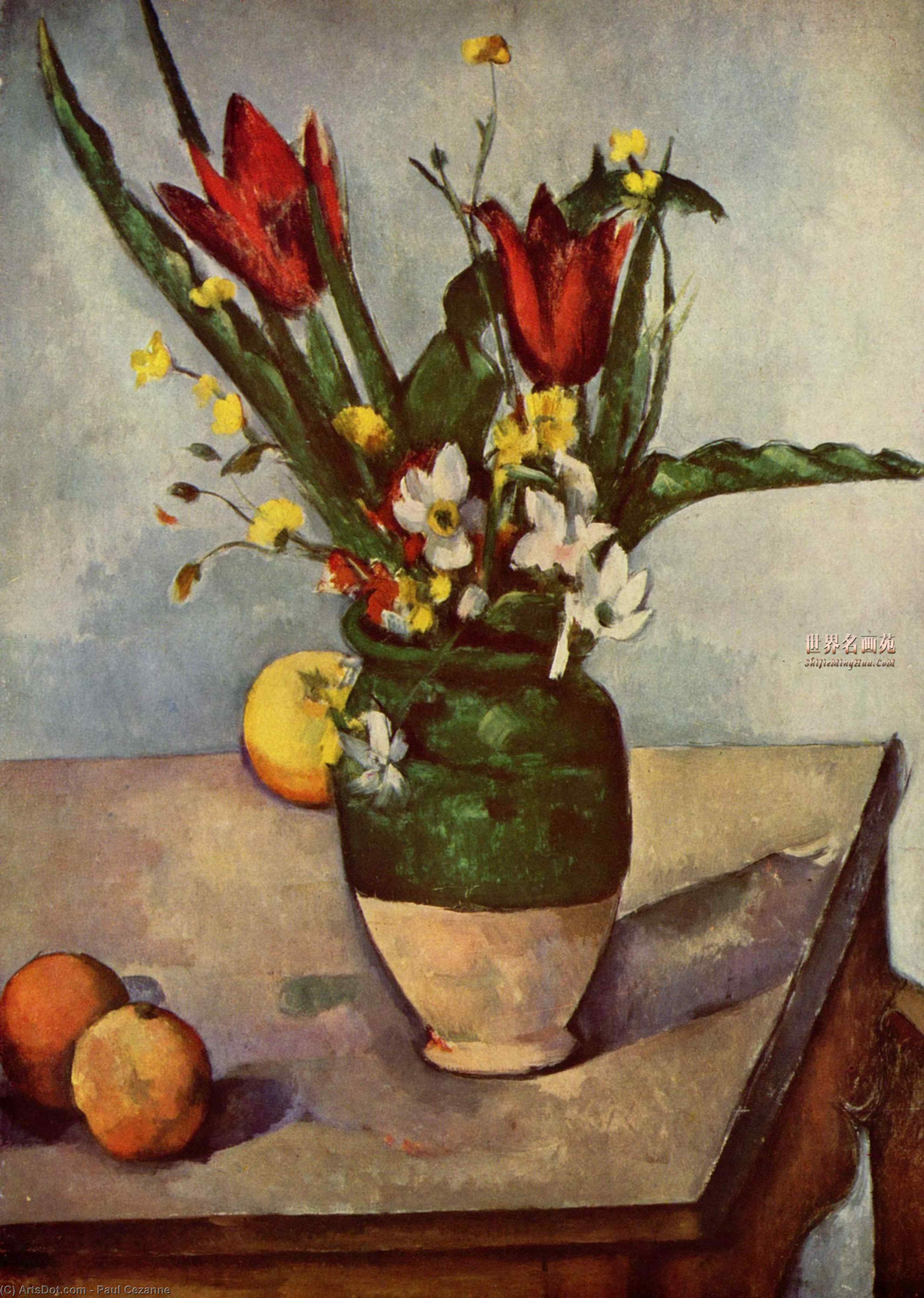 WikiOO.org - Encyclopedia of Fine Arts - Målning, konstverk Paul Cezanne - Still Life, Tulips and apples
