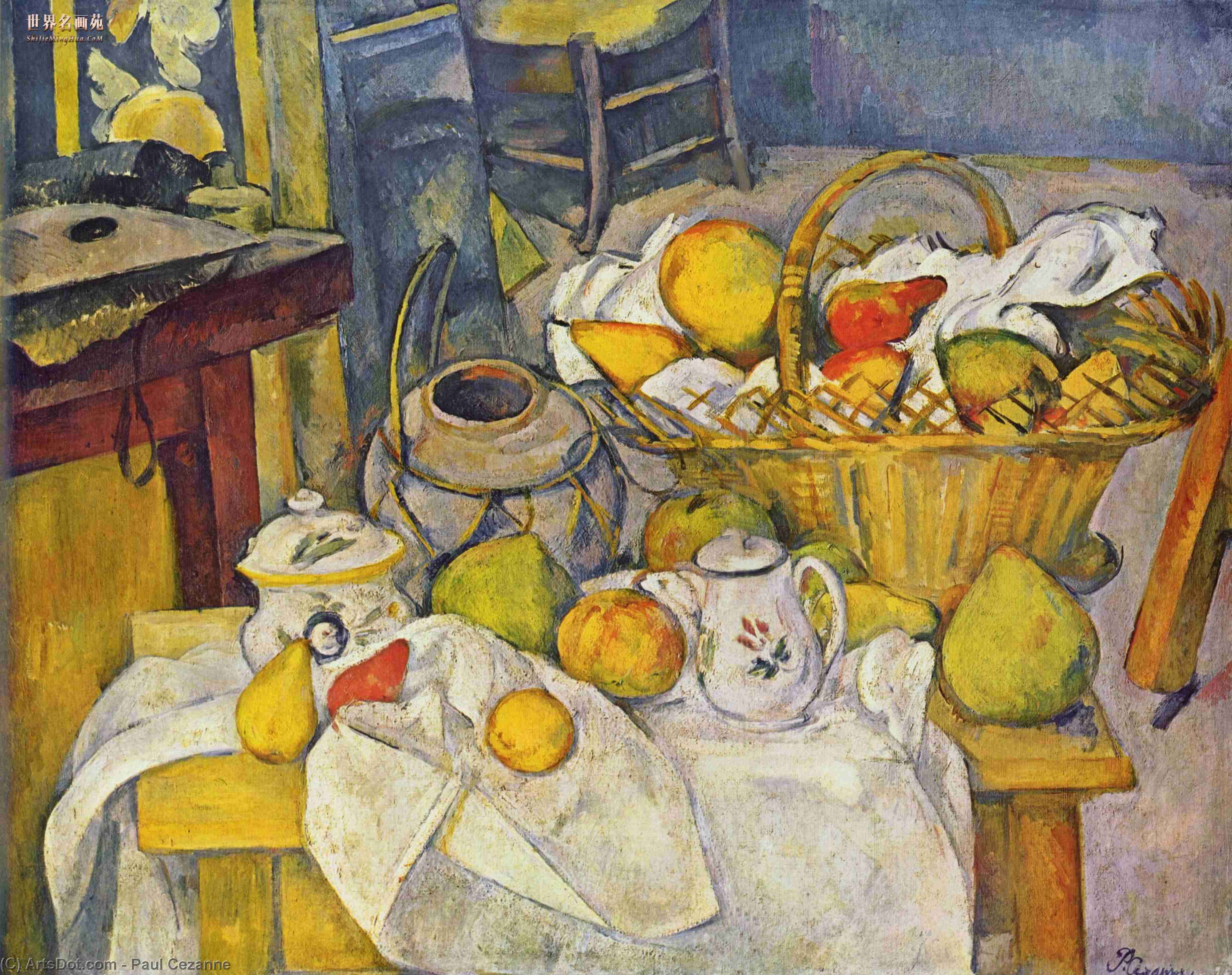 Wikoo.org - موسوعة الفنون الجميلة - اللوحة، العمل الفني Paul Cezanne - Still life with basket
