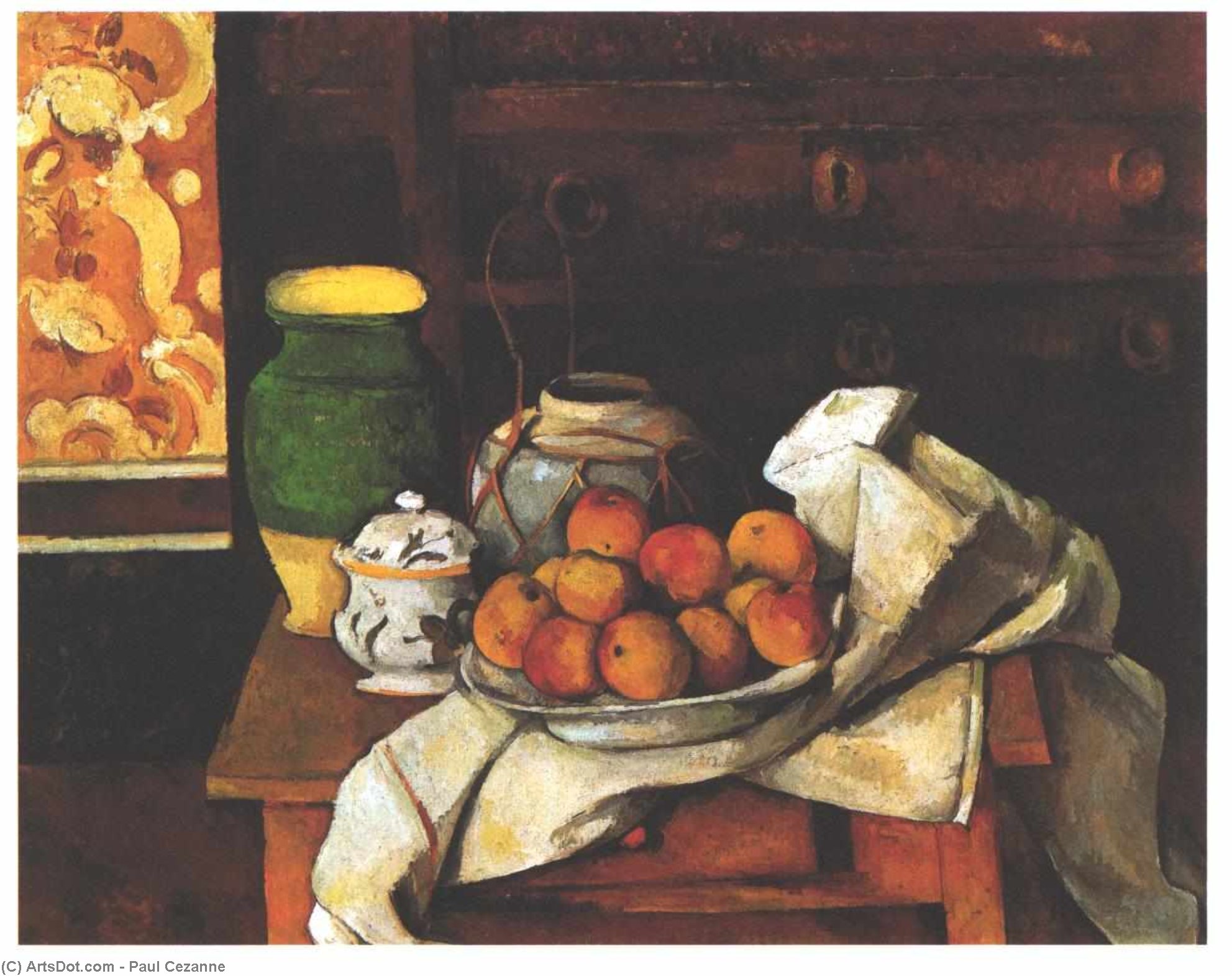 Wikioo.org - Encyklopedia Sztuk Pięknych - Malarstwo, Grafika Paul Cezanne - Still life in front of a chest of drawers