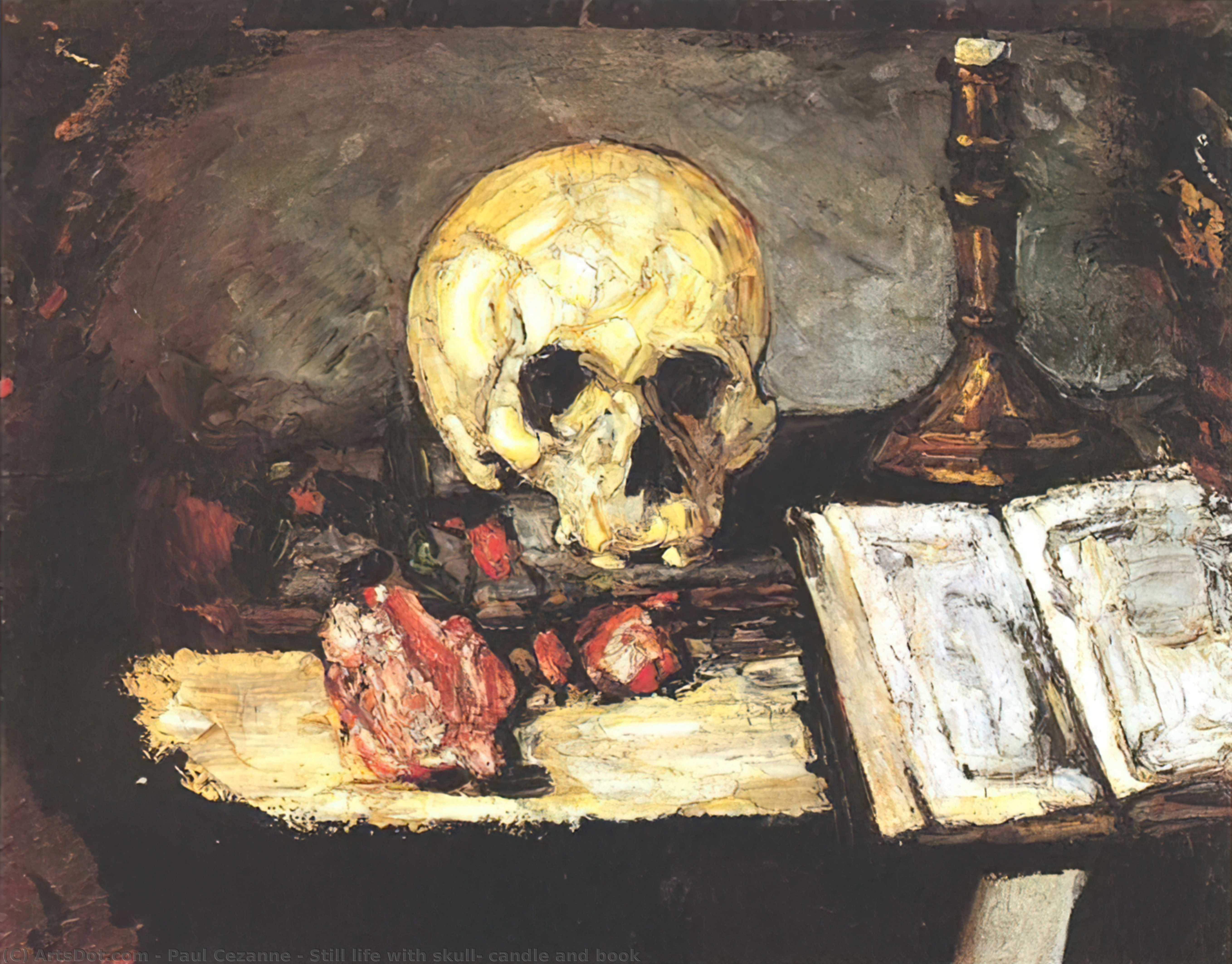 WikiOO.org - Encyclopedia of Fine Arts - Maalaus, taideteos Paul Cezanne - Still life with skull, candle and book