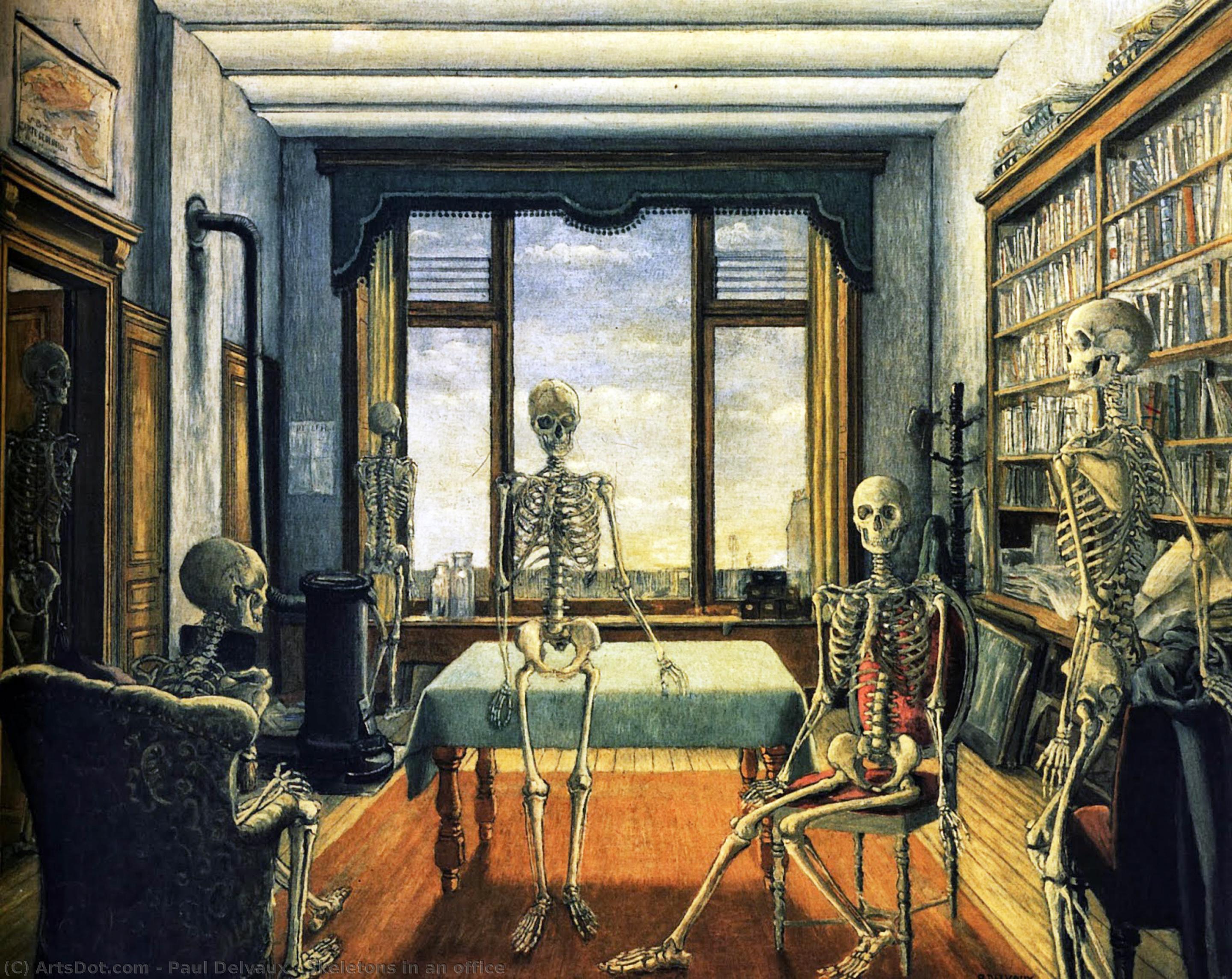 Wikioo.org - The Encyclopedia of Fine Arts - Painting, Artwork by Paul Delvaux - Skeletons in an office