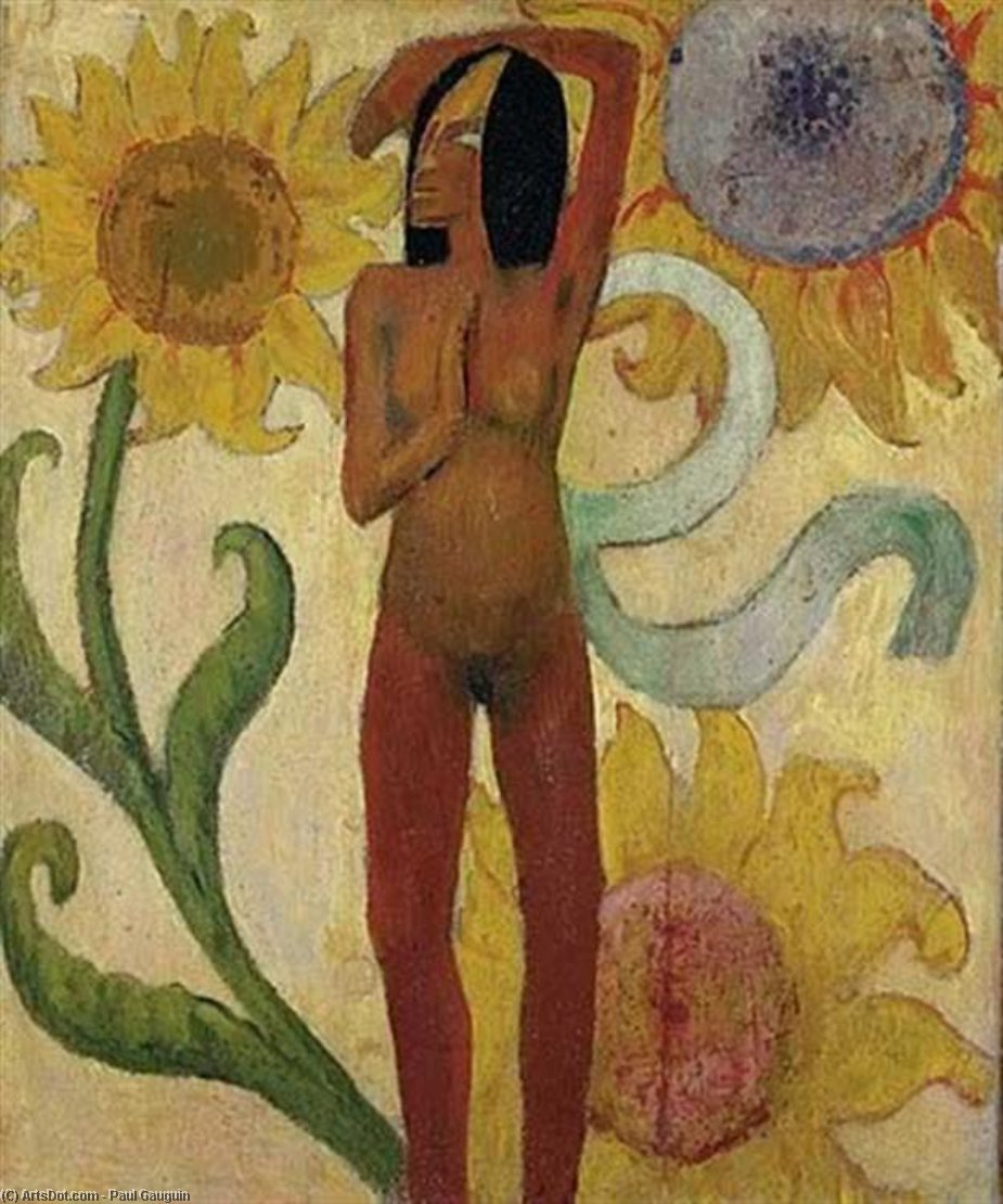 Wikioo.org – L'Encyclopédie des Beaux Arts - Peinture, Oeuvre de Paul Gauguin - antillais femme  ou tout  femelle  Nu  avec  Tournesols