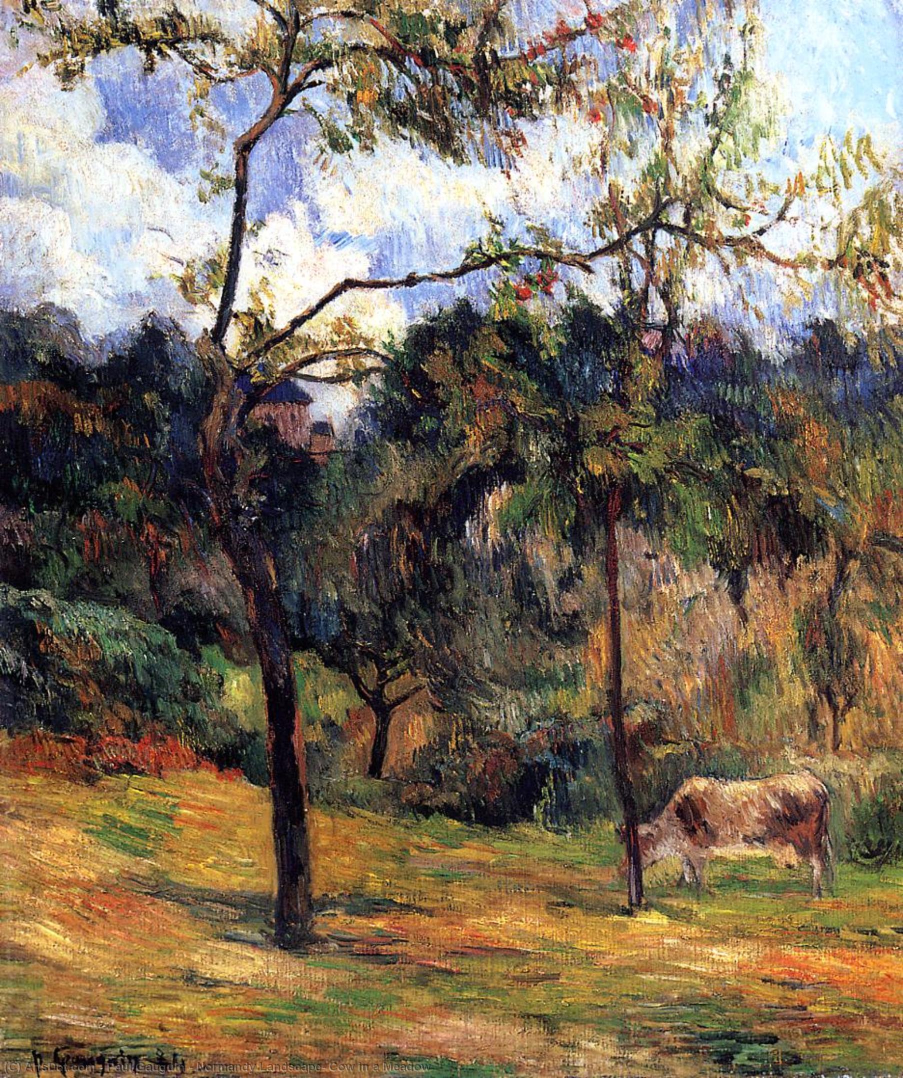 Wikoo.org - موسوعة الفنون الجميلة - اللوحة، العمل الفني Paul Gauguin - Normandy Landscape: Cow in a Meadow