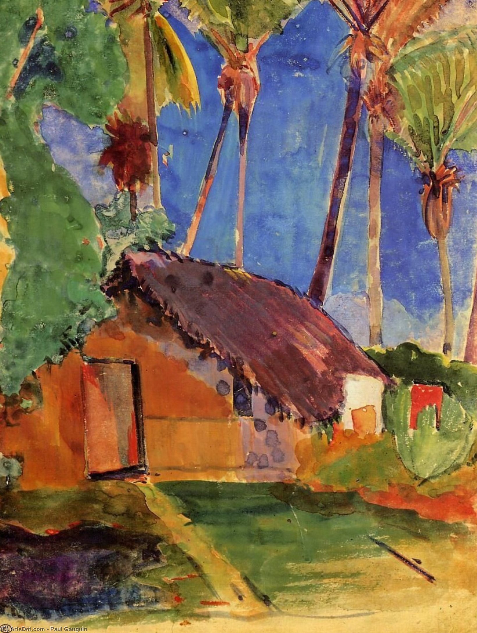Wikoo.org - موسوعة الفنون الجميلة - اللوحة، العمل الفني Paul Gauguin - Hut under the coconut palms