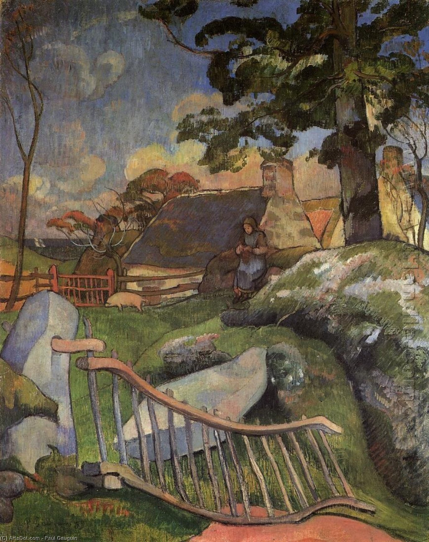 Wikioo.org - The Encyclopedia of Fine Arts - Painting, Artwork by Paul Gauguin - The Wooden Gate (The Pig Keeper)