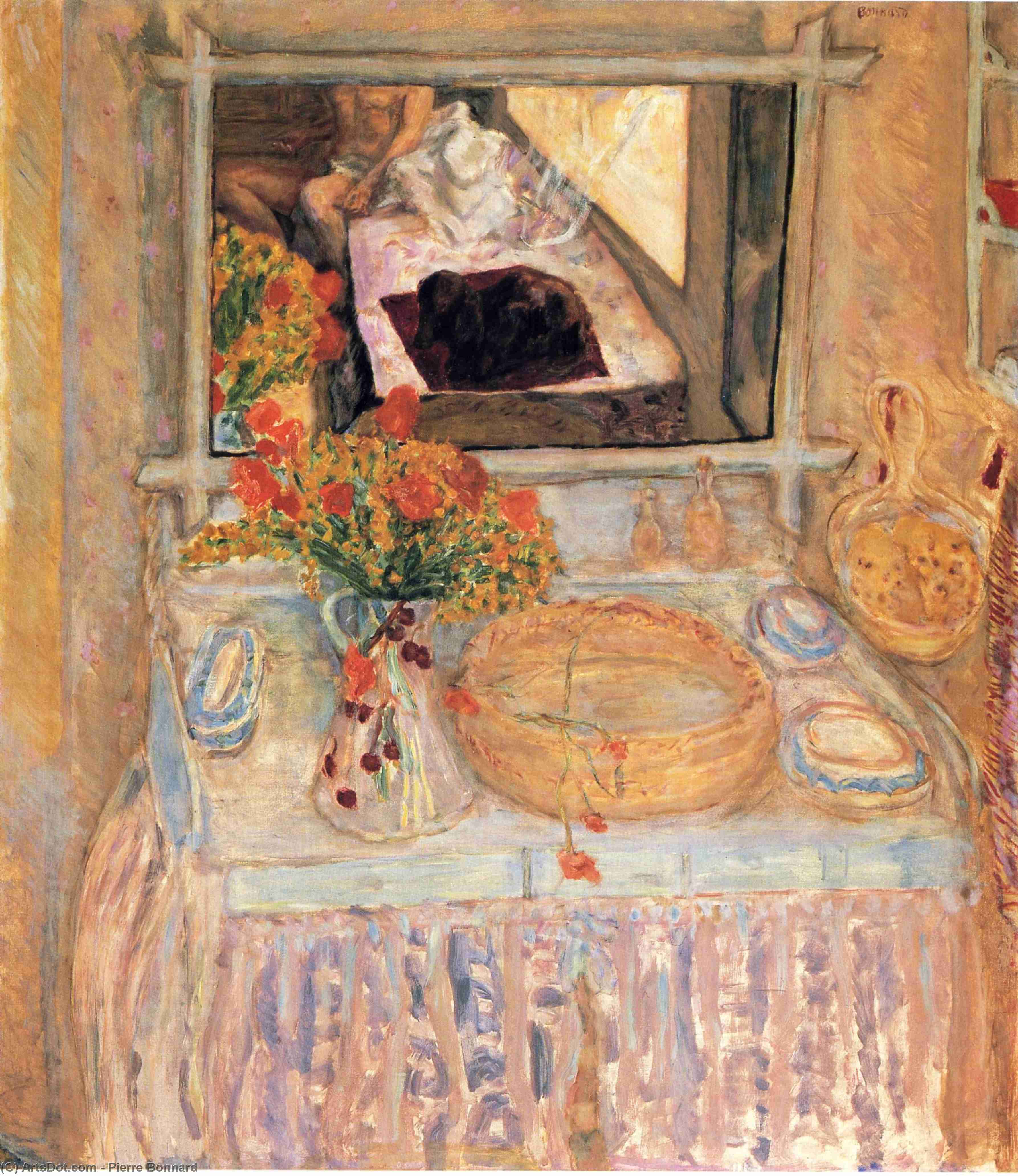 WikiOO.org – 美術百科全書 - 繪畫，作品 Pierre Bonnard - 厕所 与  一个  花束  红  和  黄色