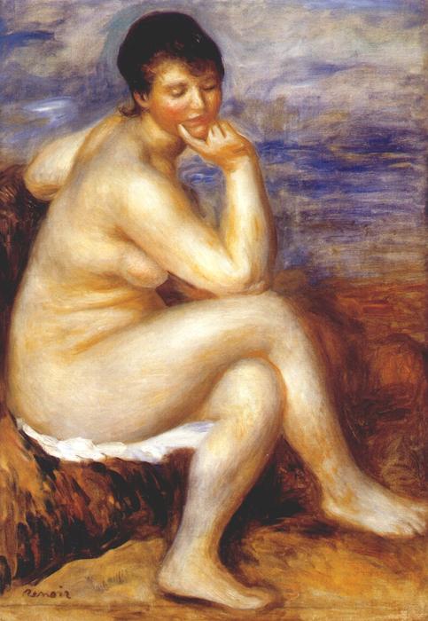 WikiOO.org – 美術百科全書 - 繪畫，作品 Pierre-Auguste Renoir - 沐浴用 一个  岩石