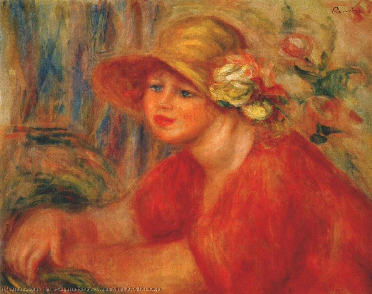 Wikoo.org - موسوعة الفنون الجميلة - اللوحة، العمل الفني Pierre-Auguste Renoir - Woman in a hat with flowers