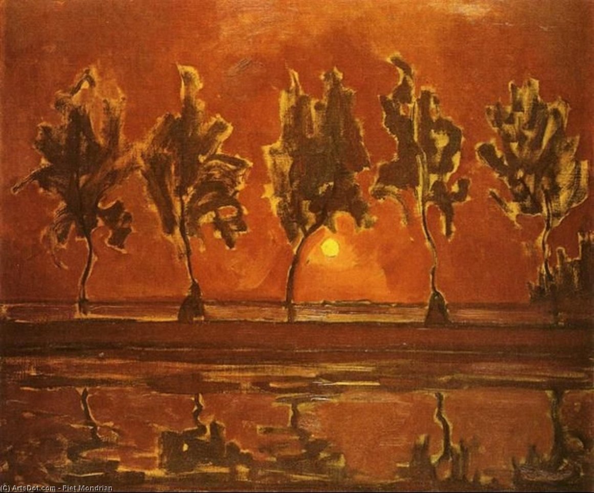 Wikoo.org - موسوعة الفنون الجميلة - اللوحة، العمل الفني Piet Mondrian - Trees by the Gein at Moonrise