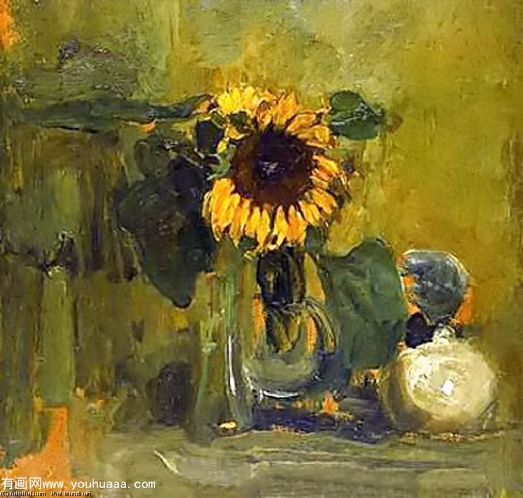 Wikoo.org - موسوعة الفنون الجميلة - اللوحة، العمل الفني Piet Mondrian - Nature died with Sunflower