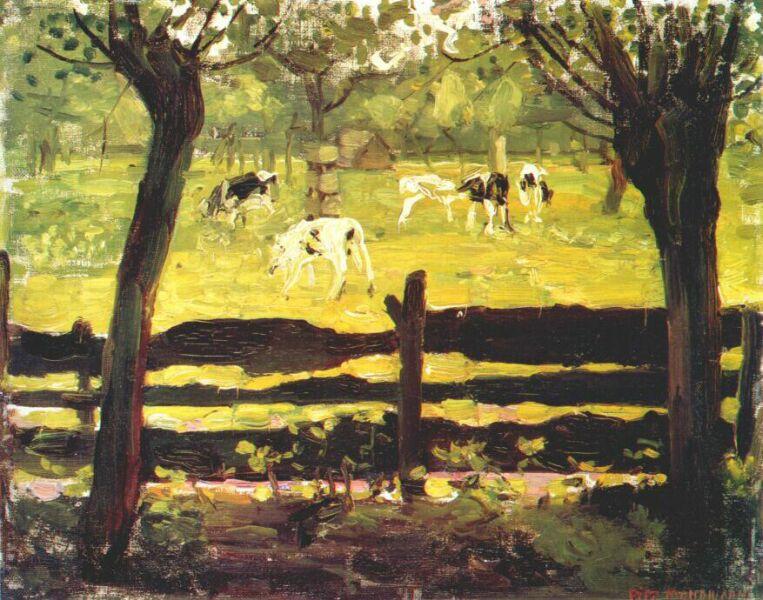 Wikioo.org - The Encyclopedia of Fine Arts - Painting, Artwork by Piet Mondrian - Calves in a Field Bordered by Willow Trees