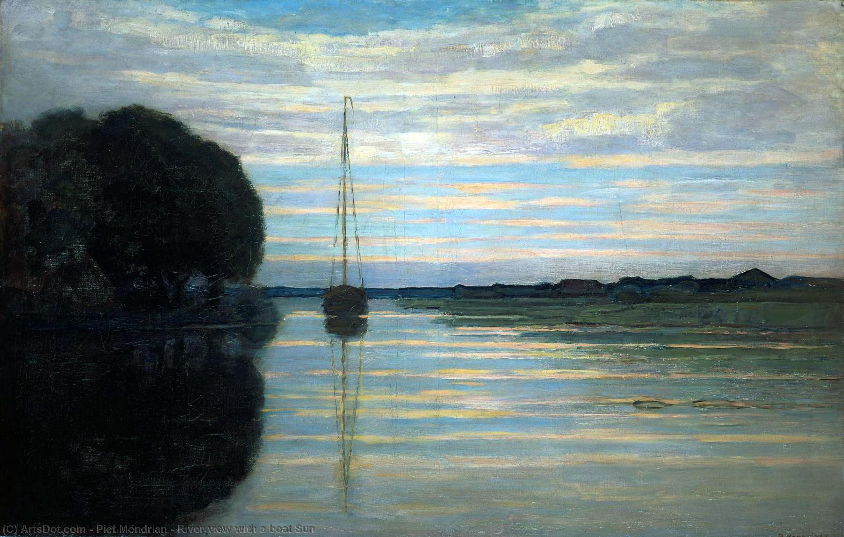 Wikioo.org - The Encyclopedia of Fine Arts - Painting, Artwork by Piet Mondrian - River view with a boat Sun