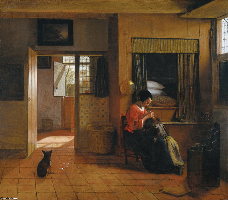 Wikioo.org - The Encyclopedia of Fine Arts - Painting, Artwork by Pieter De Hooch - Interior with a Mother delousing her Child