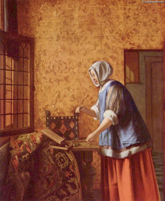 Wikioo.org - The Encyclopedia of Fine Arts - Painting, Artwork by Pieter De Hooch - Woman weighing gold coins