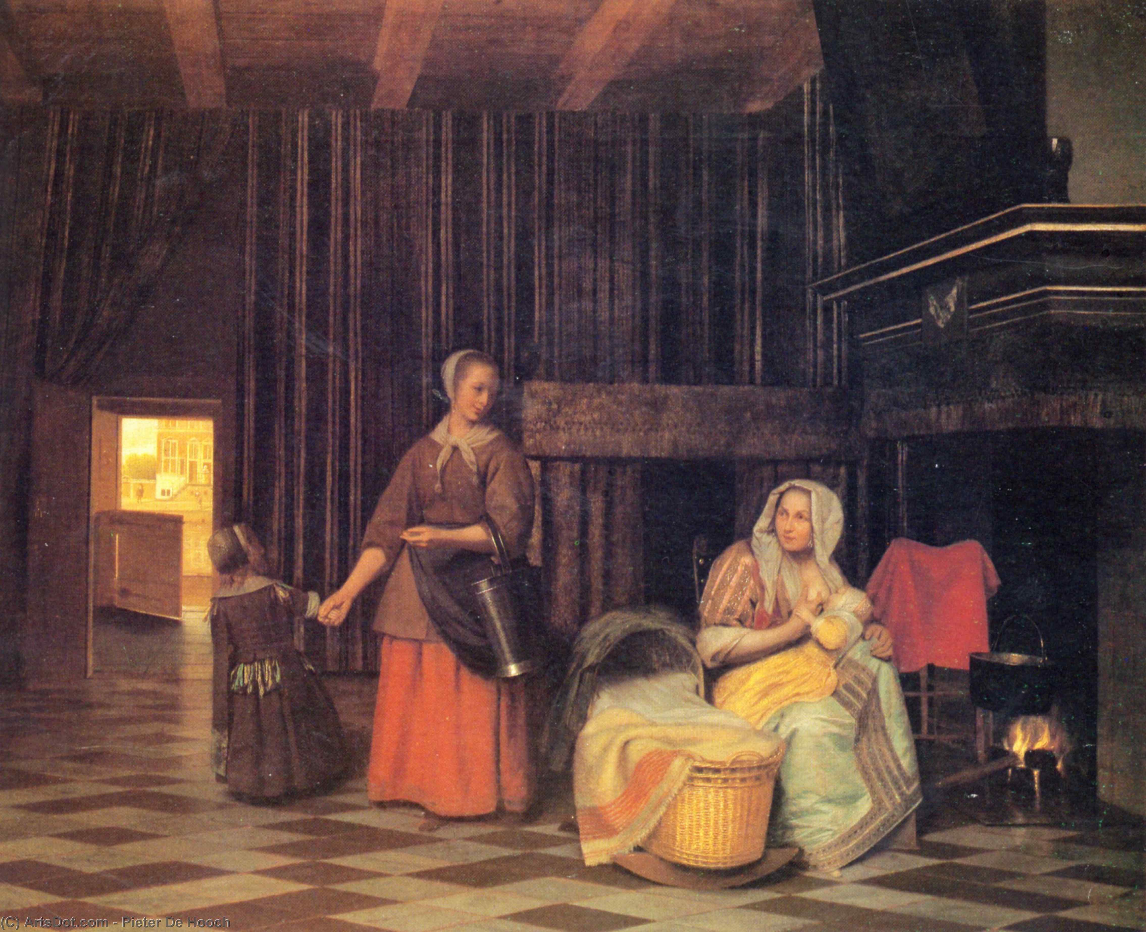 Wikoo.org - موسوعة الفنون الجميلة - اللوحة، العمل الفني Pieter De Hooch - Woman with infant, serving maid with child