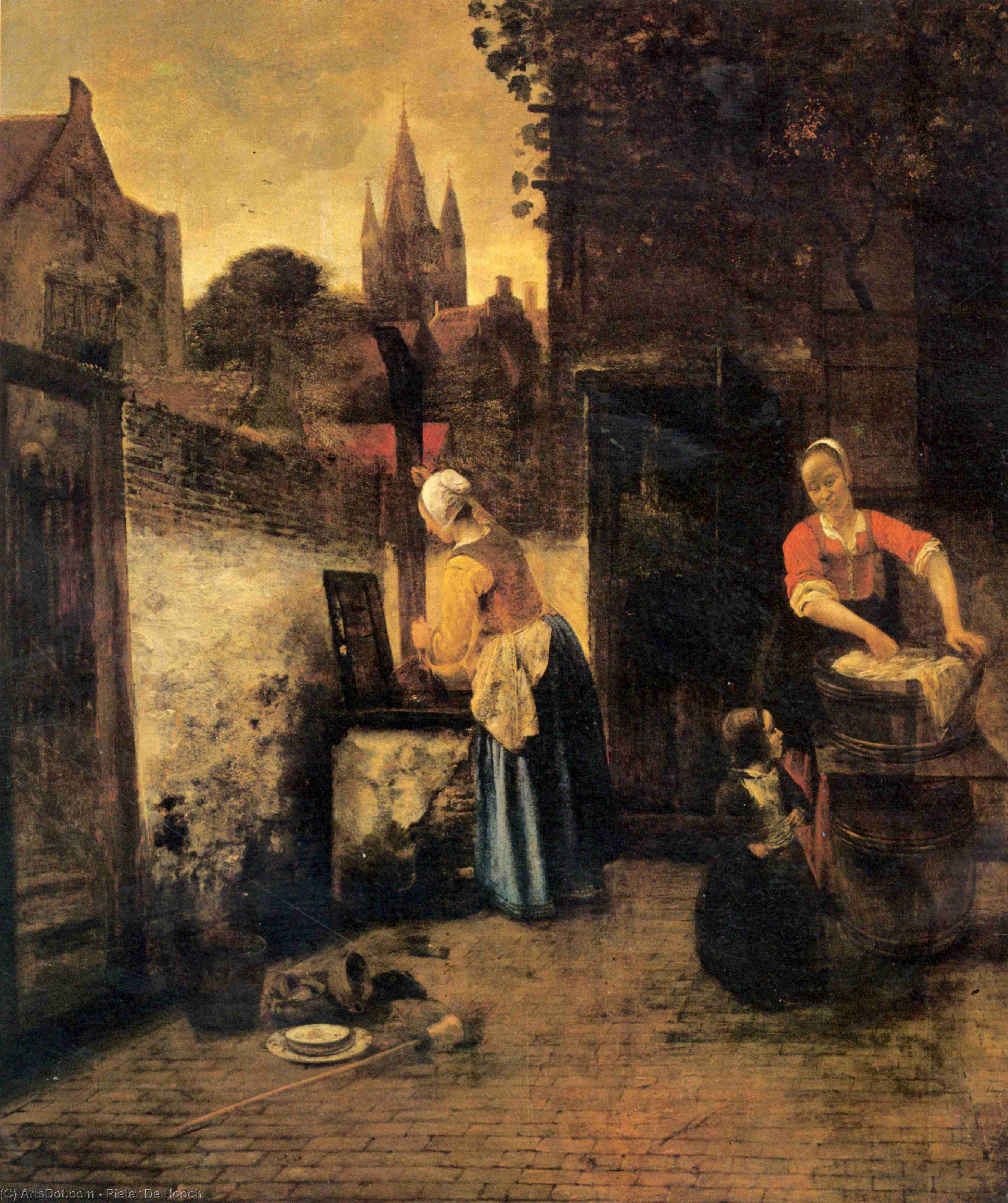 Wikioo.org – L'Encyclopédie des Beaux Arts - Peinture, Oeuvre de Pieter De Hooch - deux femmes avec un enfant dans  faire la cour