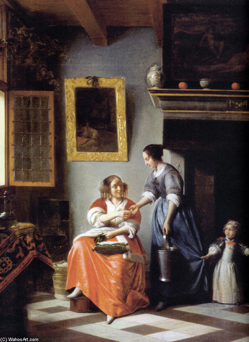 Wikioo.org - The Encyclopedia of Fine Arts - Painting, Artwork by Pieter De Hooch - Woman hands over money to her servant