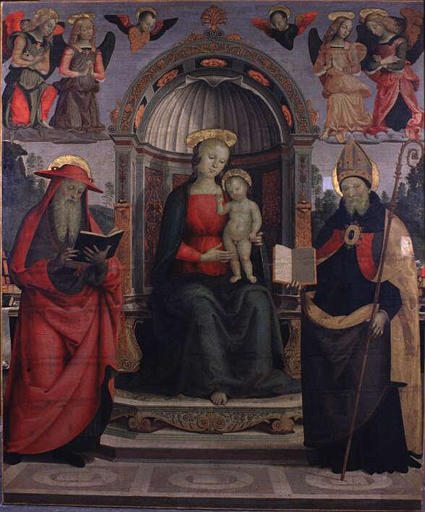 Wikioo.org - The Encyclopedia of Fine Arts - Painting, Artwork by Vannucci Pietro (Le Perugin) - Virgin and St. Jerome and St.Augustine