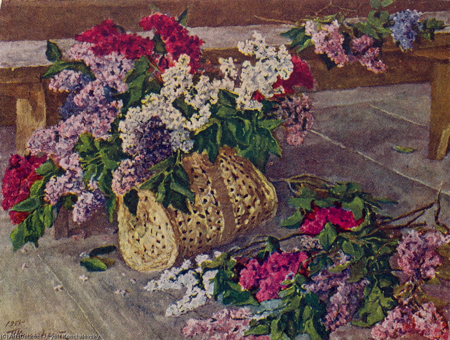 Wikoo.org - موسوعة الفنون الجميلة - اللوحة، العمل الفني Pyotr Konchalovsky - Lilacs in a purse on the floor