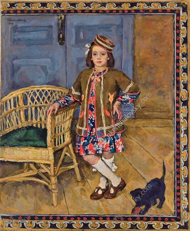 Wikioo.org - The Encyclopedia of Fine Arts - Painting, Artwork by Pyotr Konchalovsky - The girl in the Caucasus dress with a cat (Margot)