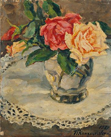 Wikioo.org - The Encyclopedia of Fine Arts - Painting, Artwork by Pyotr Konchalovsky - Still Life. Roses on a lace napkin.