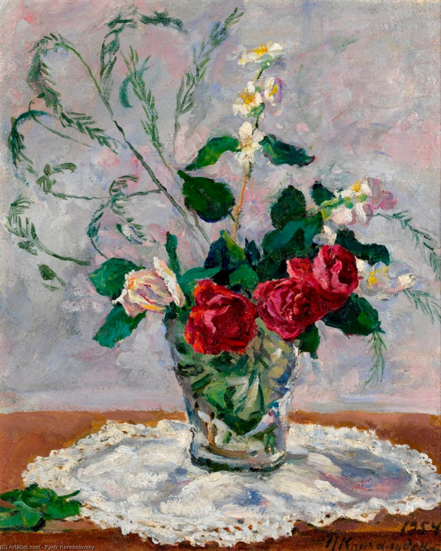 Wikioo.org - The Encyclopedia of Fine Arts - Painting, Artwork by Pyotr Konchalovsky - Still life with roses, jasmine and asparagus