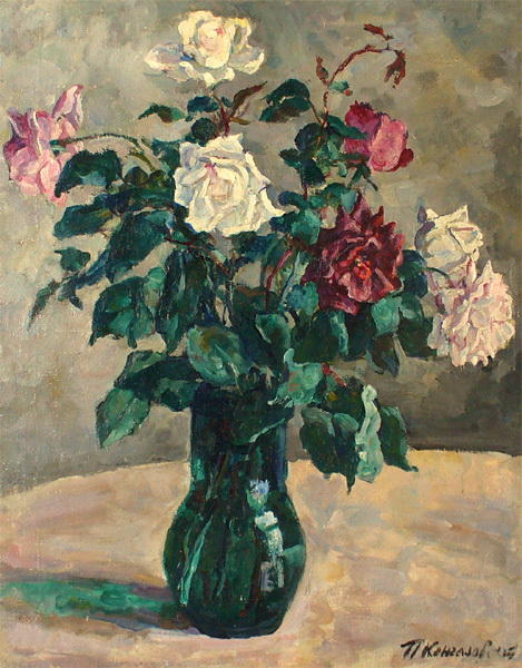 Wikioo.org – La Enciclopedia de las Bellas Artes - Pintura, Obras de arte de Pyotr Konchalovsky - las rosas precipitadamente un jarra