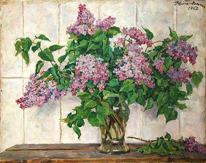 WikiOO.org - Enciclopédia das Belas Artes - Pintura, Arte por Pyotr Konchalovsky - Still Life - Lilacs in a glass jar against the stove