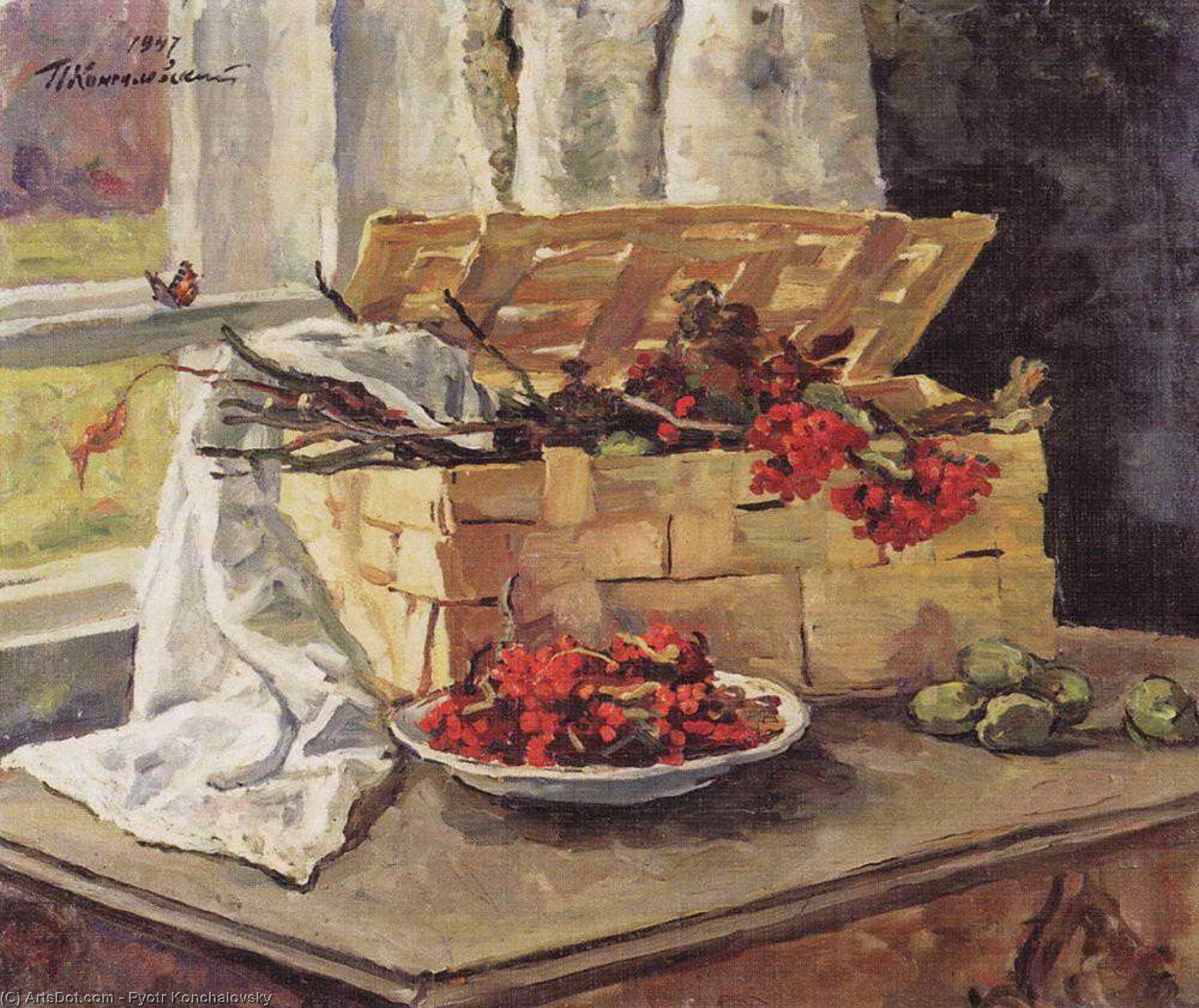 Wikioo.org – La Enciclopedia de las Bellas Artes - Pintura, Obras de arte de Pyotr Konchalovsky - naturaleza muerta cesto  enestado  CENIZA