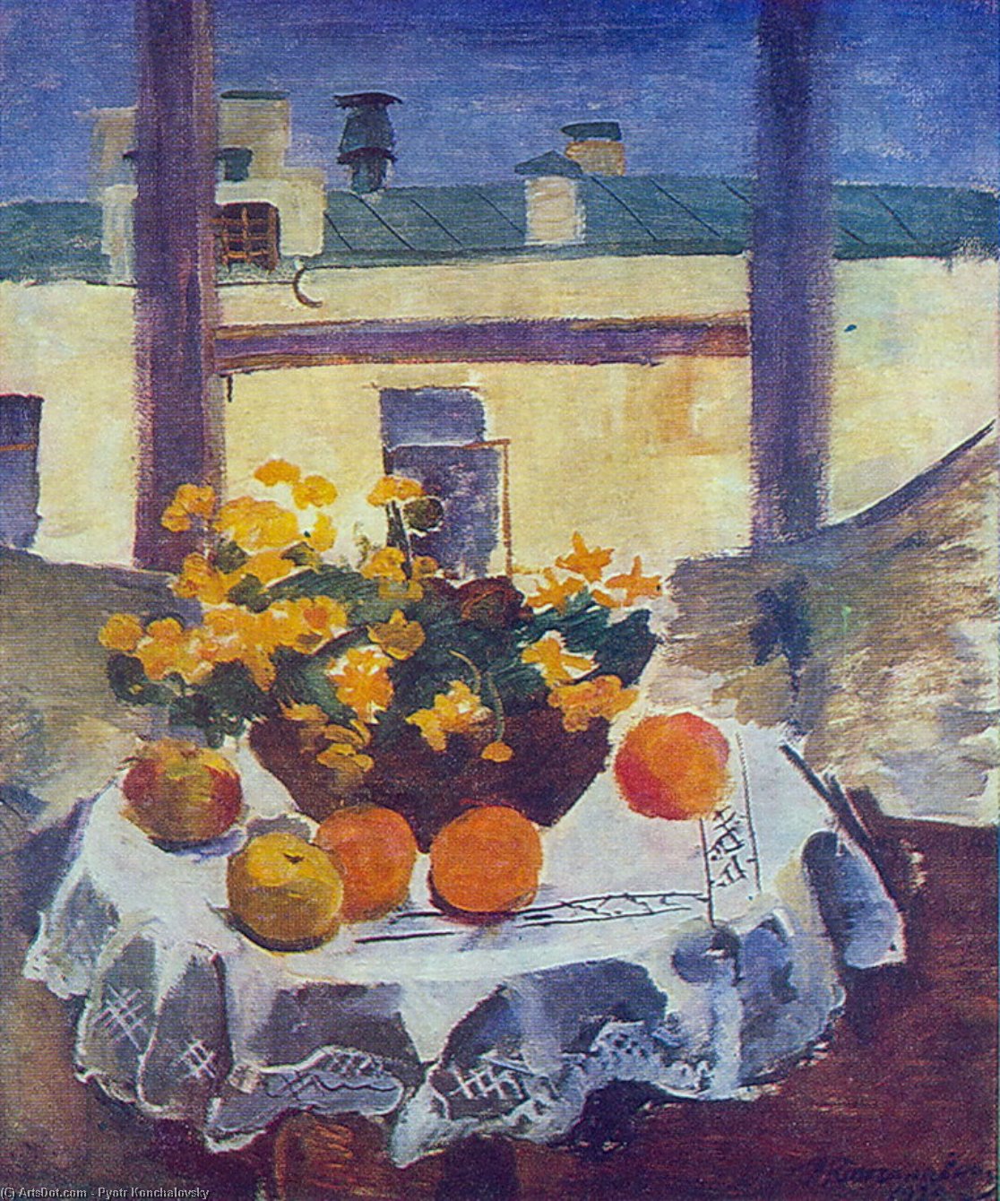 Wikioo.org - The Encyclopedia of Fine Arts - Painting, Artwork by Pyotr Konchalovsky - Still Life. Table with fruits and yellow flowers.