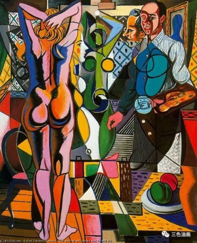 Wikioo.org - The Encyclopedia of Fine Arts - Painting, Artwork by Rafael Zabaleta Fuentes - Self-portrait with model and the still life