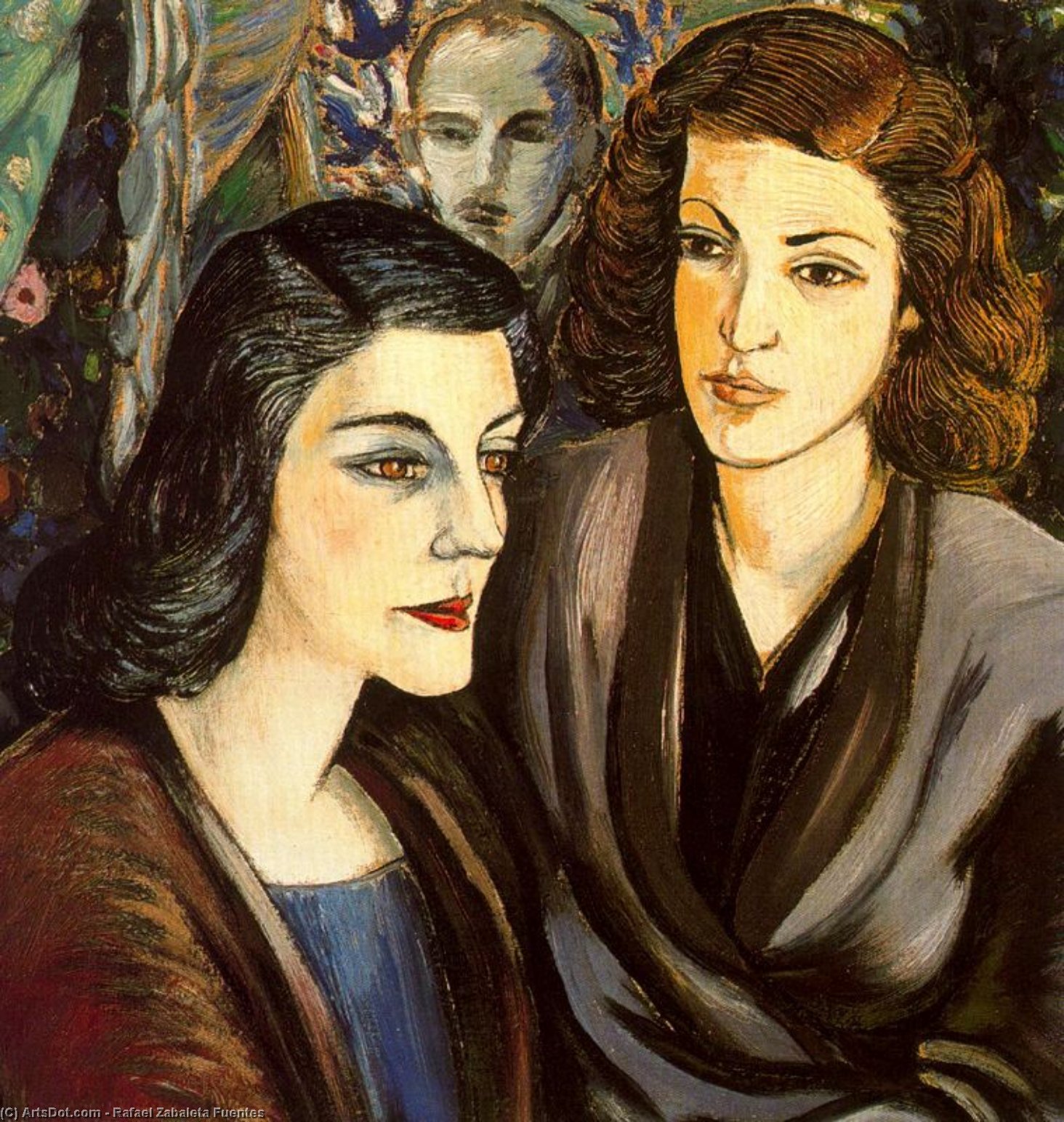 Wikioo.org - The Encyclopedia of Fine Arts - Painting, Artwork by Rafael Zabaleta Fuentes - Two woman and self-portrait bust