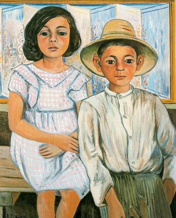 Wikioo.org - The Encyclopedia of Fine Arts - Painting, Artwork by Rafael Zabaleta Fuentes - Girl sitting and boy with hat standing