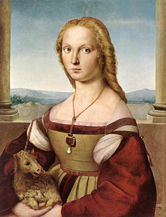 Wikioo.org - Die Enzyklopädie bildender Kunst - Malerei, Kunstwerk von Raphael (Raffaello Sanzio Da Urbino) - porträt von einem lady mit  Ein  einhorn