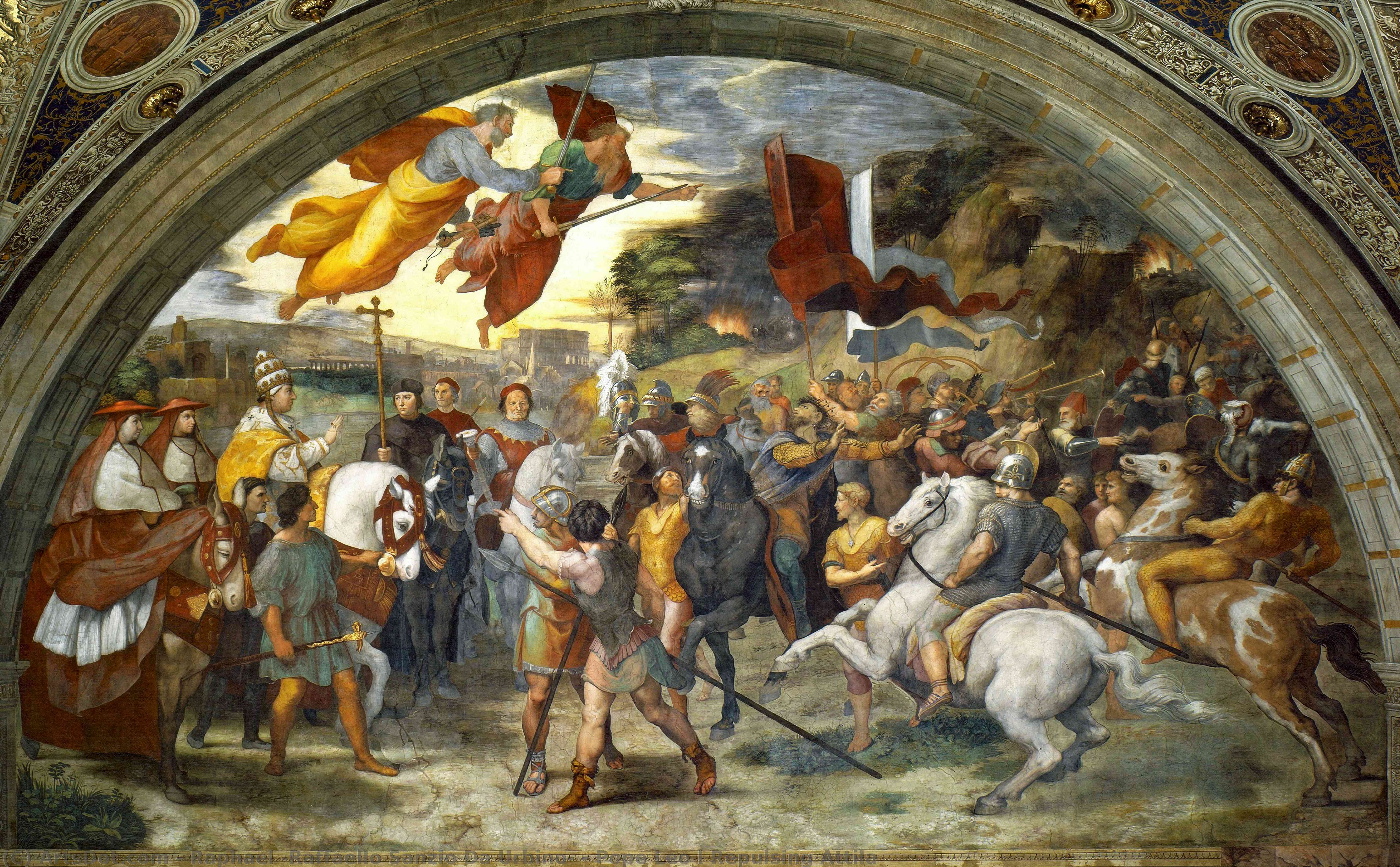 Wikioo.org – L'Encyclopédie des Beaux Arts - Peinture, Oeuvre de Raphael (Raffaello Sanzio Da Urbino) - le pape léon i repoussant attila