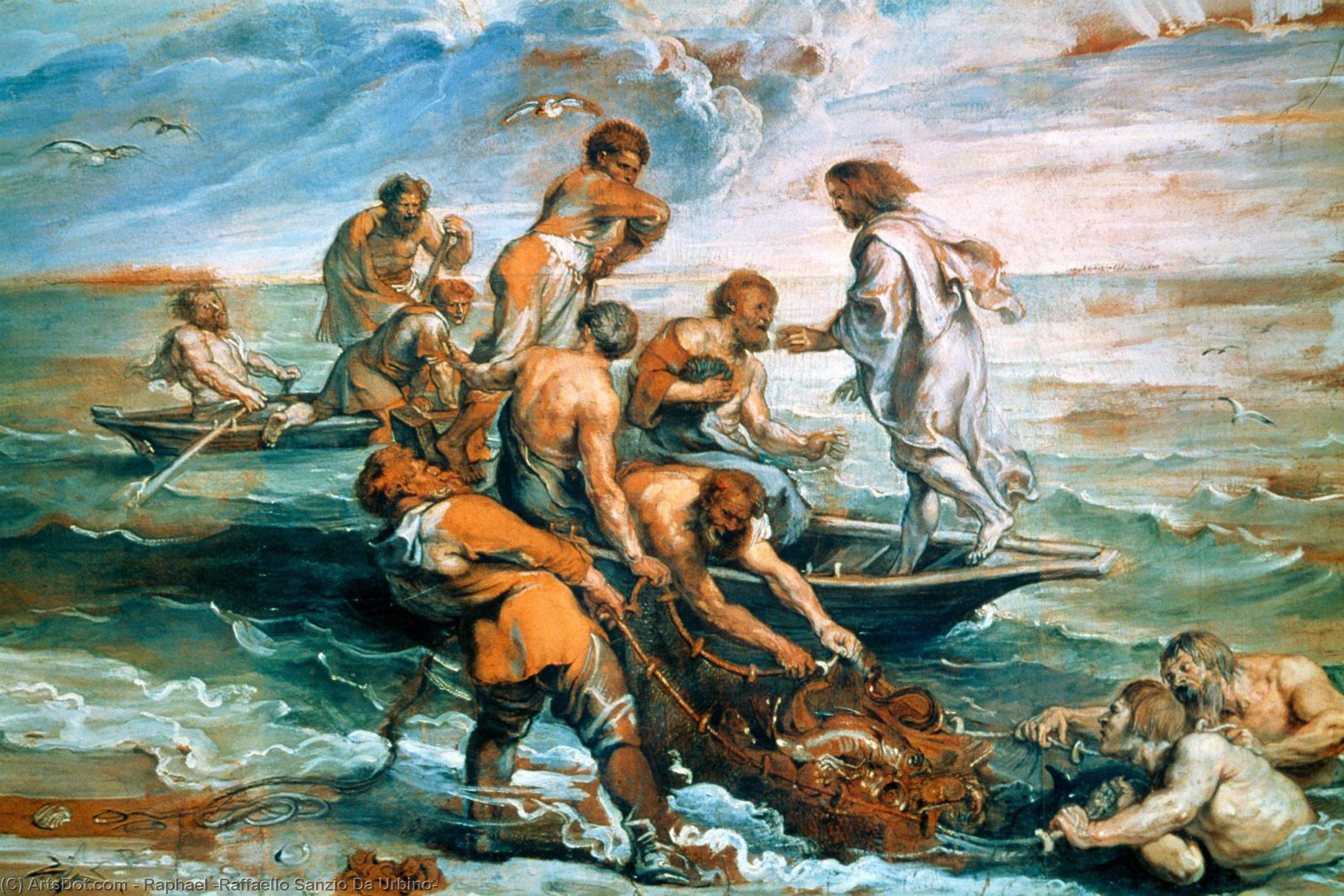 Wikioo.org – La Enciclopedia de las Bellas Artes - Pintura, Obras de arte de Raphael (Raffaello Sanzio Da Urbino) - milagroso Borrador  todaclasede  pescados