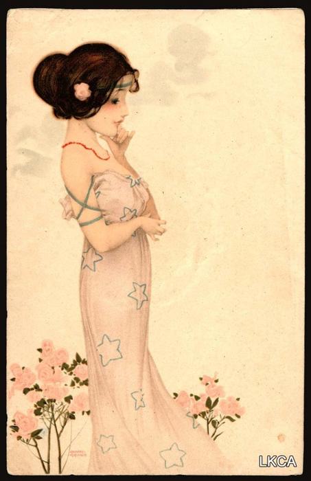 Wikioo.org - The Encyclopedia of Fine Arts - Painting, Artwork by Raphael Kirchner - Girls with flowers at feet