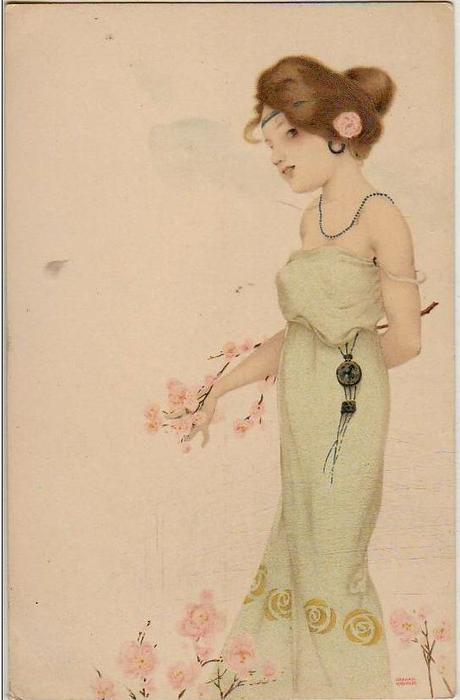 Wikioo.org - The Encyclopedia of Fine Arts - Painting, Artwork by Raphael Kirchner - Girls with flowers at feet
