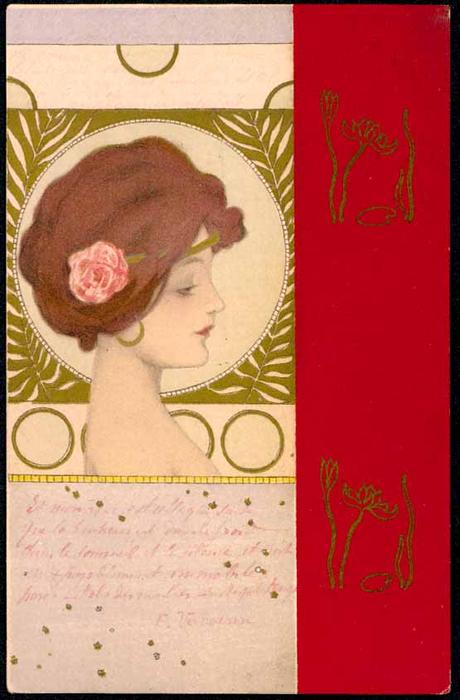 Wikioo.org - The Encyclopedia of Fine Arts - Painting, Artwork by Raphael Kirchner - Girls faces with red border
