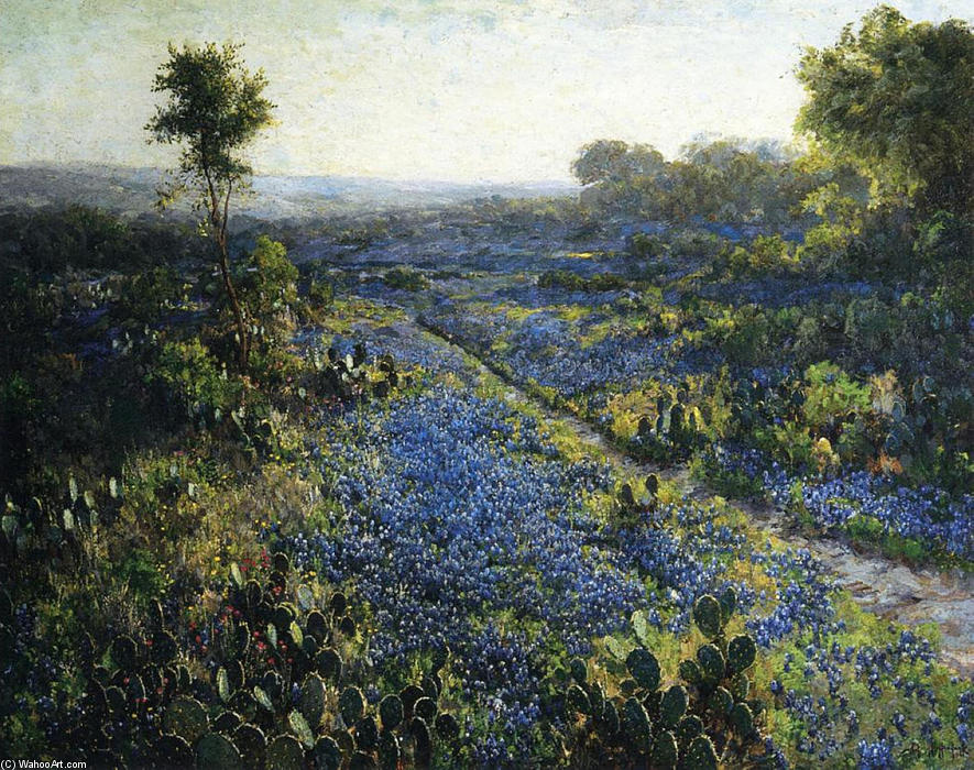 Wikioo.org - The Encyclopedia of Fine Arts - Painting, Artwork by Robert Julian Onderdonk - Field of Texas Bluebonnets and Prickly Pear Cacti