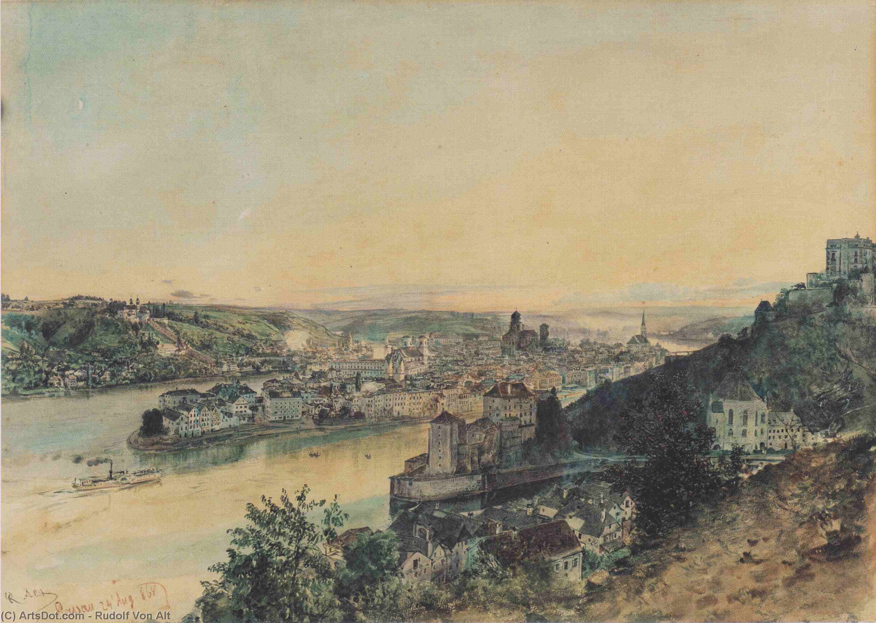 WikiOO.org - Encyclopedia of Fine Arts - Lukisan, Artwork Rudolf Von Alt - View of Passau