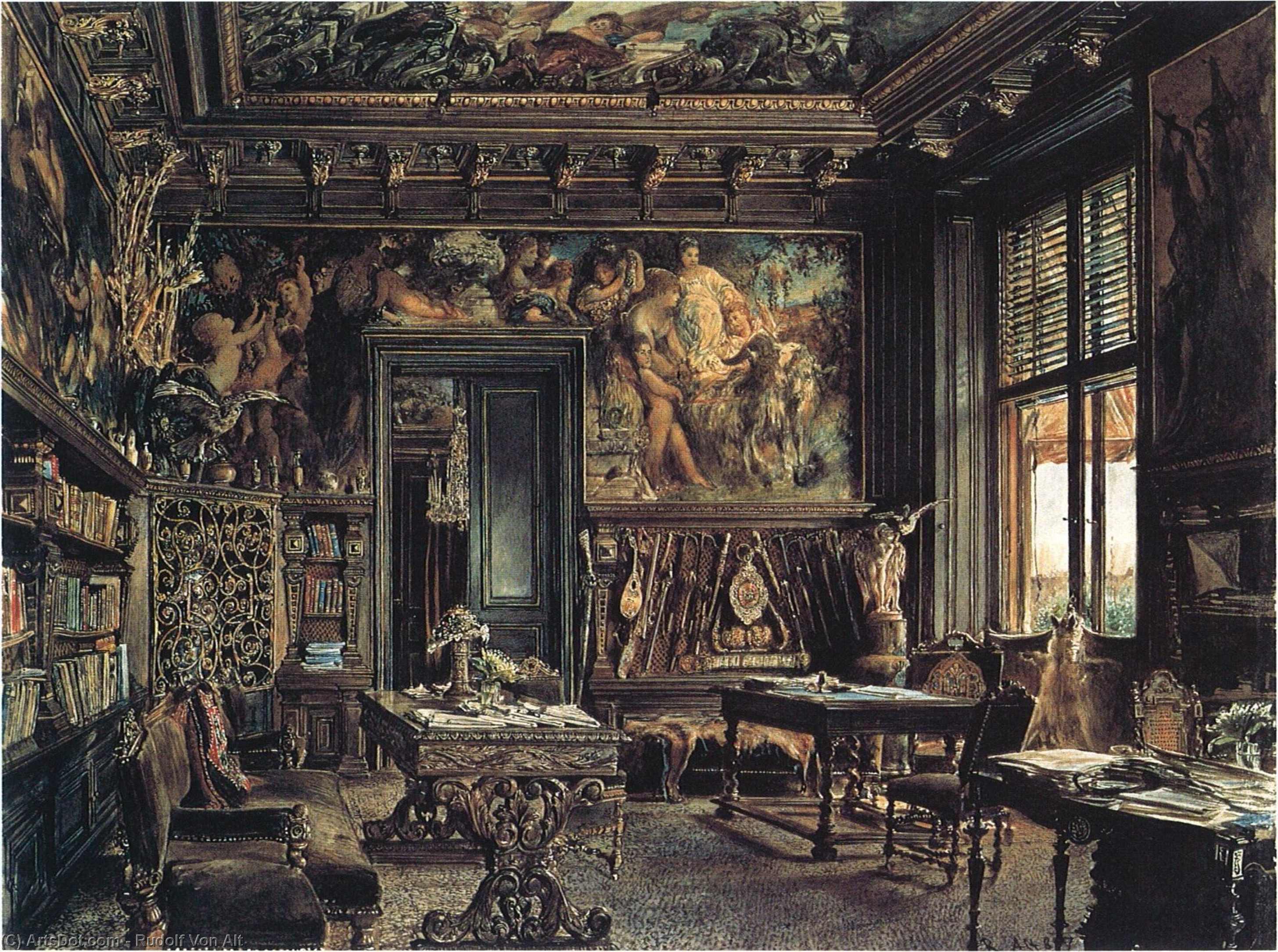 Wikioo.org - The Encyclopedia of Fine Arts - Painting, Artwork by Rudolf Von Alt - The library in the Palais Dumba