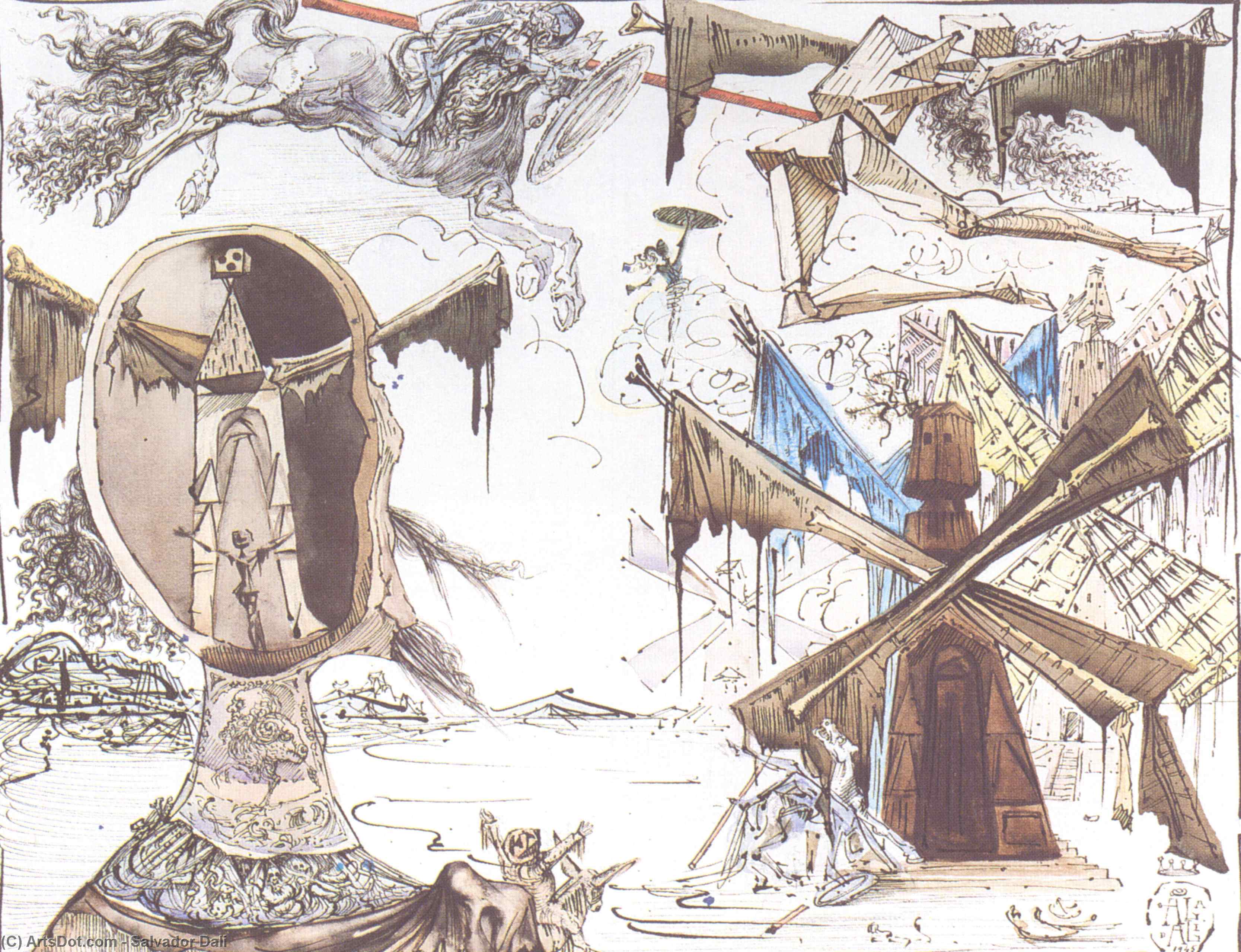 Wikioo.org - The Encyclopedia of Fine Arts - Painting, Artwork by Salvador Dali - Don Quixote and the Windmills