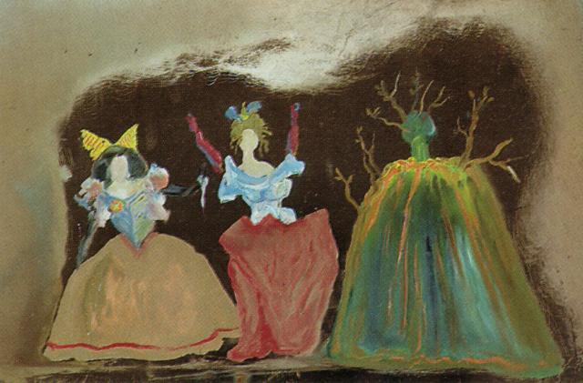 Wikioo.org - The Encyclopedia of Fine Arts - Painting, Artwork by Salvador Dali - Three Female Figures in Festive Gowns