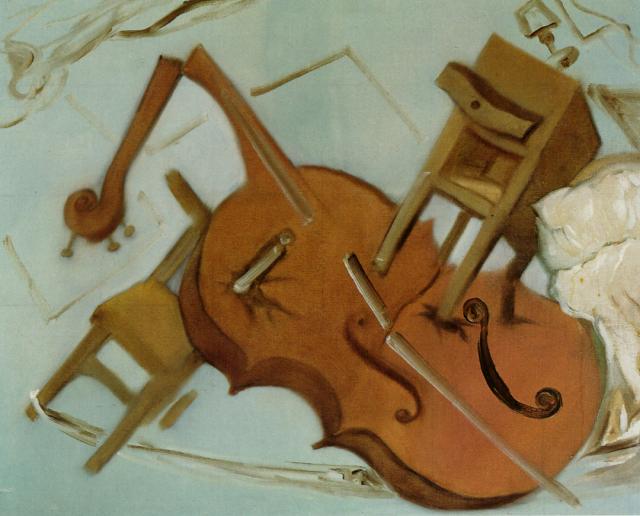 Wikioo.org - The Encyclopedia of Fine Arts - Painting, Artwork by Salvador Dali - Bed, Chair and Bedside Table Ferociously Attacking a Cello