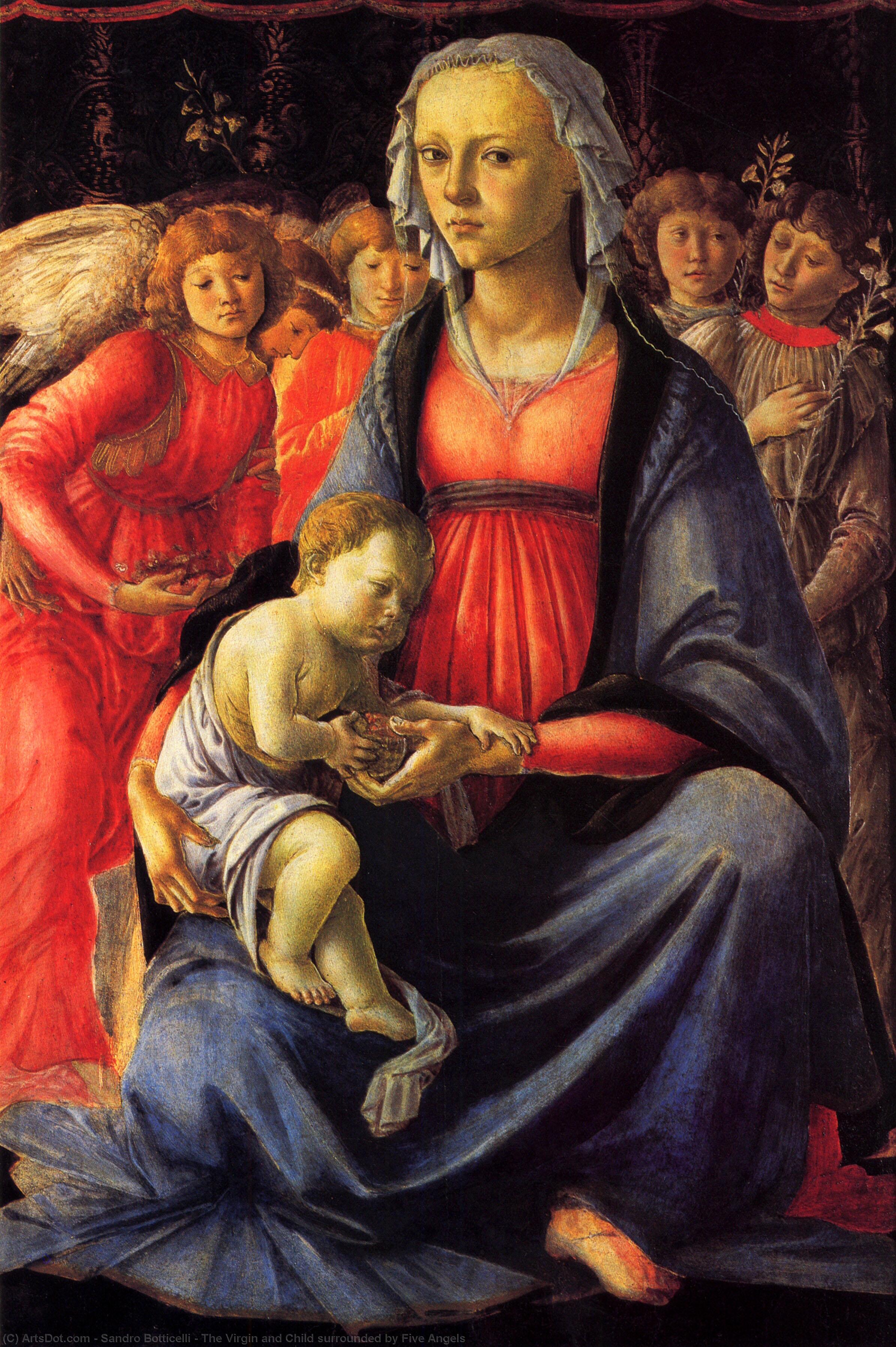 Wikioo.org - The Encyclopedia of Fine Arts - Painting, Artwork by Sandro Botticelli - The Virgin and Child surrounded by Five Angels