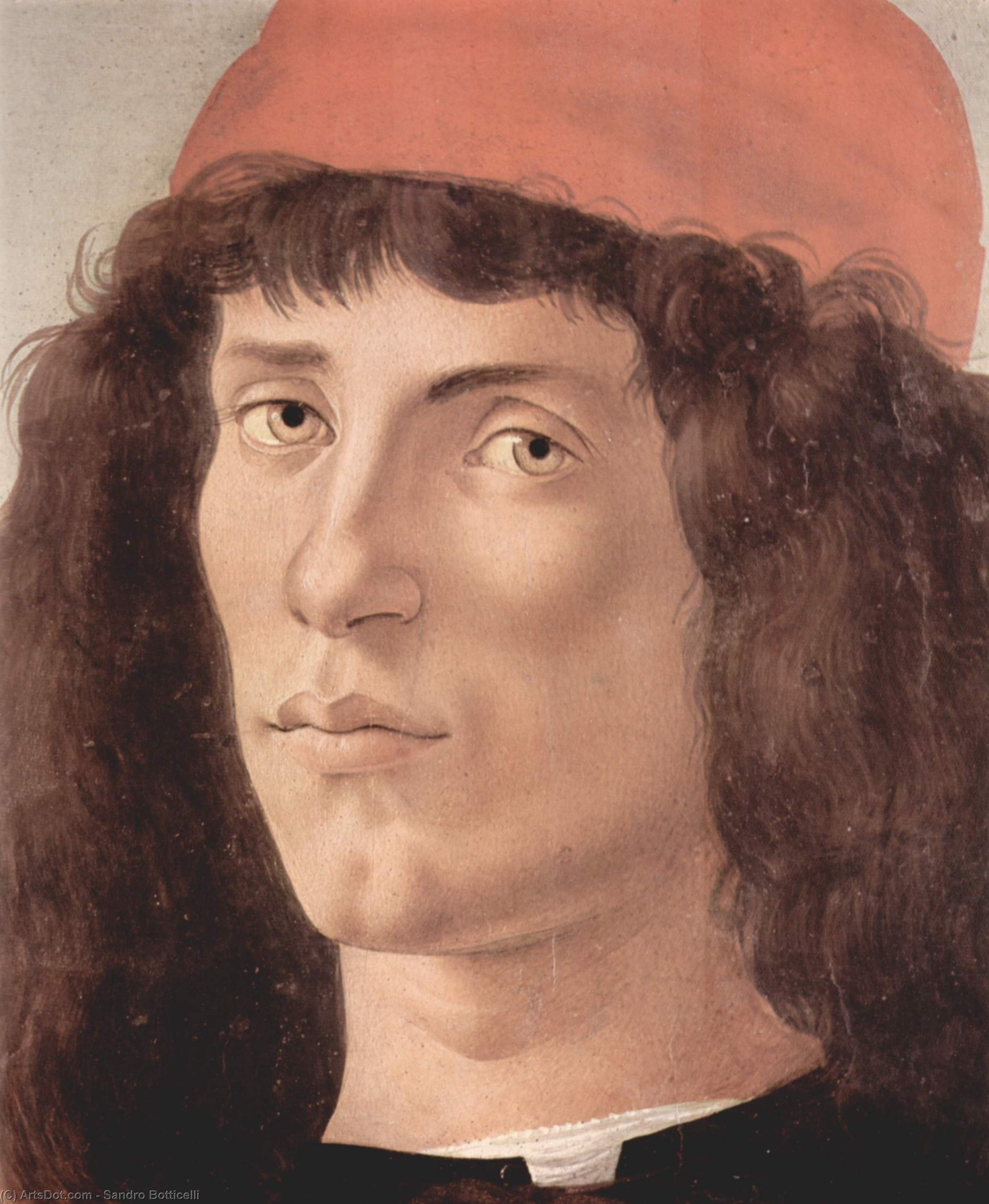 Wikioo.org – L'Enciclopedia delle Belle Arti - Pittura, Opere di Sandro Botticelli - ritratto di una giovani uomo con  rosso  berretto