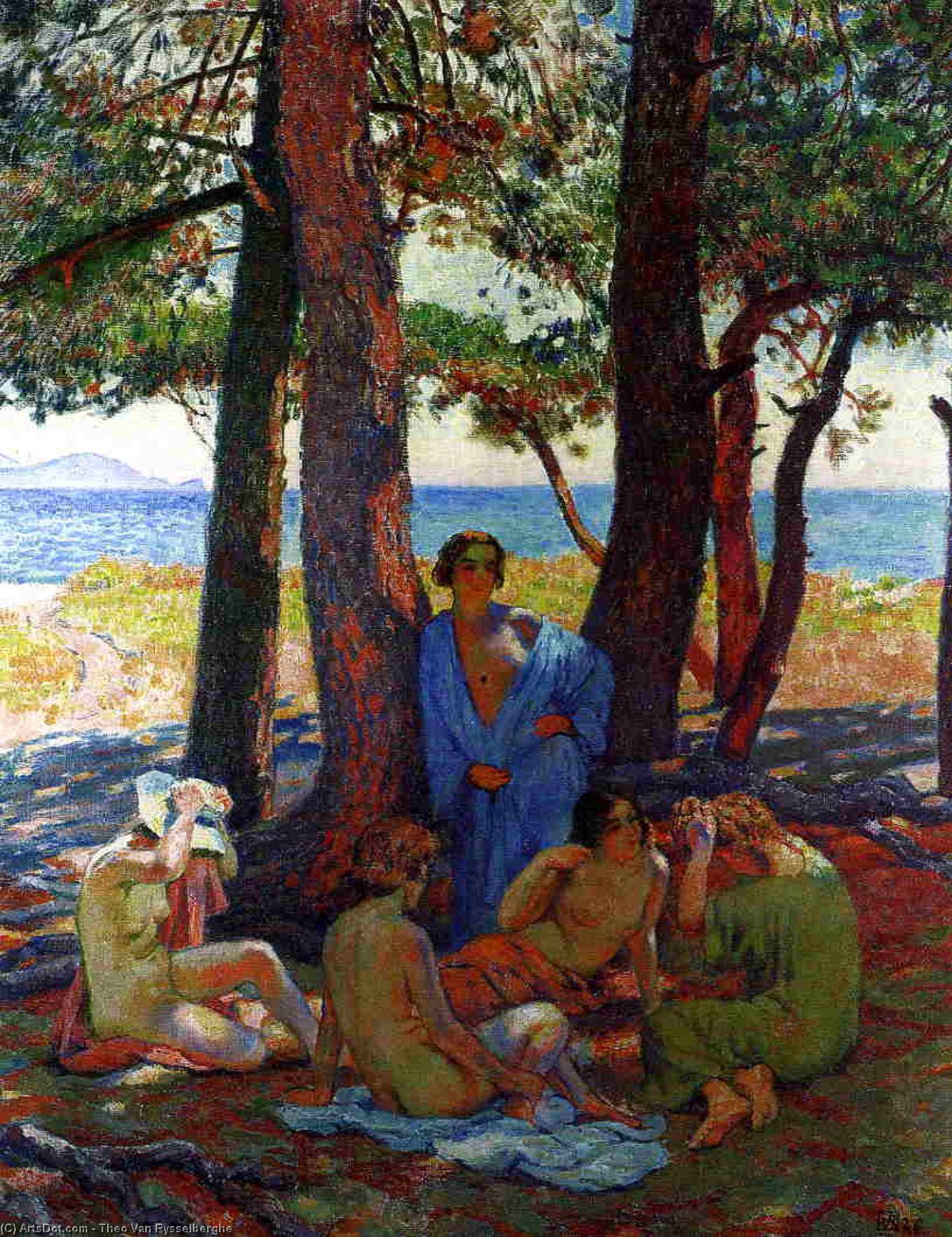 WikiOO.org - Encyclopedia of Fine Arts - Maleri, Artwork Theo Van Rysselberghe - Bathers under the Pines by the Sea