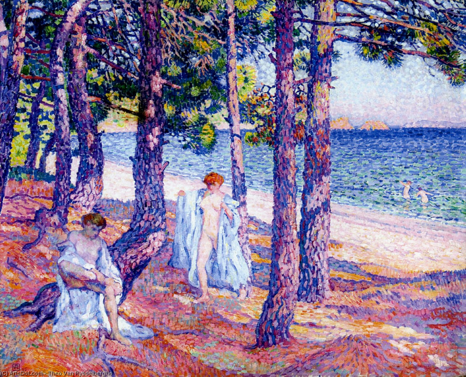 WikiOO.org - Encyclopedia of Fine Arts - Lukisan, Artwork Theo Van Rysselberghe - Female Bathers Under the Pines at Cavaliere
